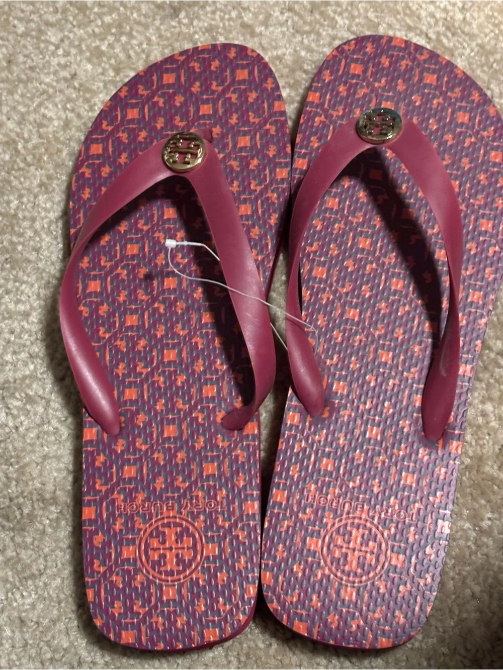 Tory Burch Pink and Orange Patterned Flip Flops